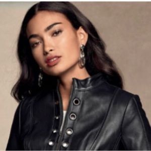 NWT Neiman Marcus Grommet-Trim Lamb Leather Moto